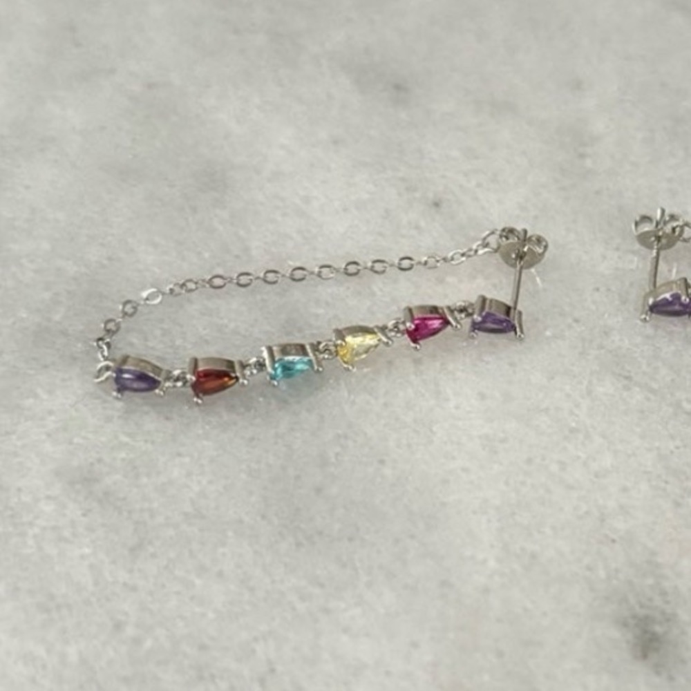 Sterling Silver Rainbow Tear Drop Chain Dangle Earrings - Picture 4 of 4